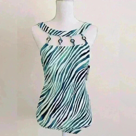 Jantzen Wildlife Ring Straps High Neck Zebra Print One Piece Swimsuit Size 14 - Picture 3 of 10